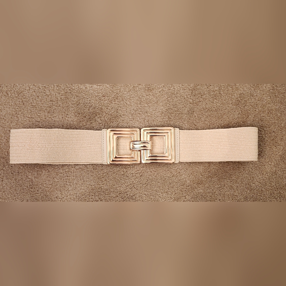 Cream Woven Elastic Belt with Gold Geometric Buckle